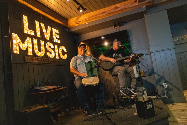 Two musicians performing live in cozy bar