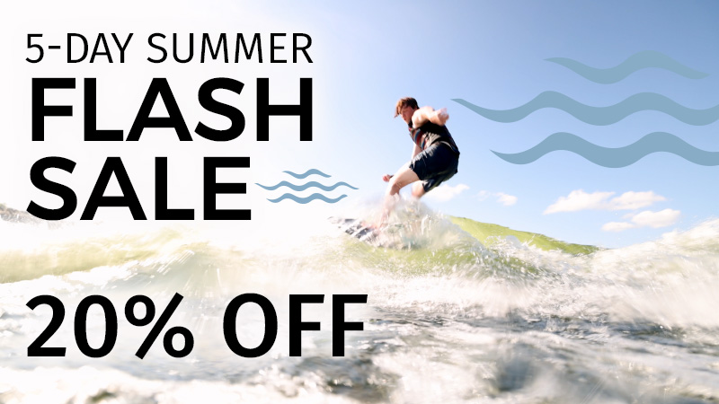 Surfer riding wave with summer flash sale text